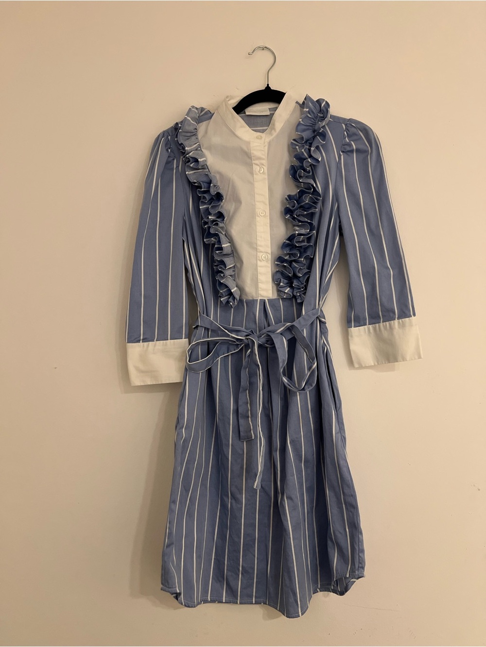 New York & Company Blue White Striped Ruffle Belted Midi Shirt Dress Size S
